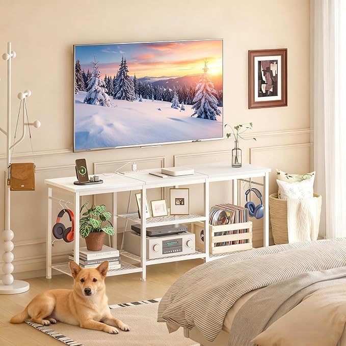 YGEOMER Entertainment Center for 55 inch TVs TV Stand with Power Outlet and Open Storage Shelves TV Media Console Table for Living Room and Bedroom White