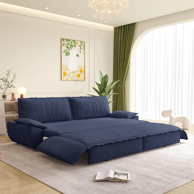 73.2‘’ Queen Size Sofa Bed Corduroy Loveseat 3-in-1 Convertible Sleeper Sofa Couch Love Seat Pull Out Sofabed Space Saving Blue
