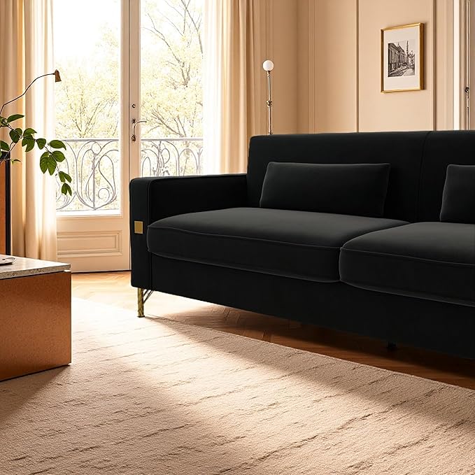 KEIKI 86 Oversized Luxury Velvet Sofa with Armrest and Removable Plush Cushions Minimalist Gold Accents 3-Seater Couch with Solid Legs Easy Assembly for Living Room Bedroom Apartment Black