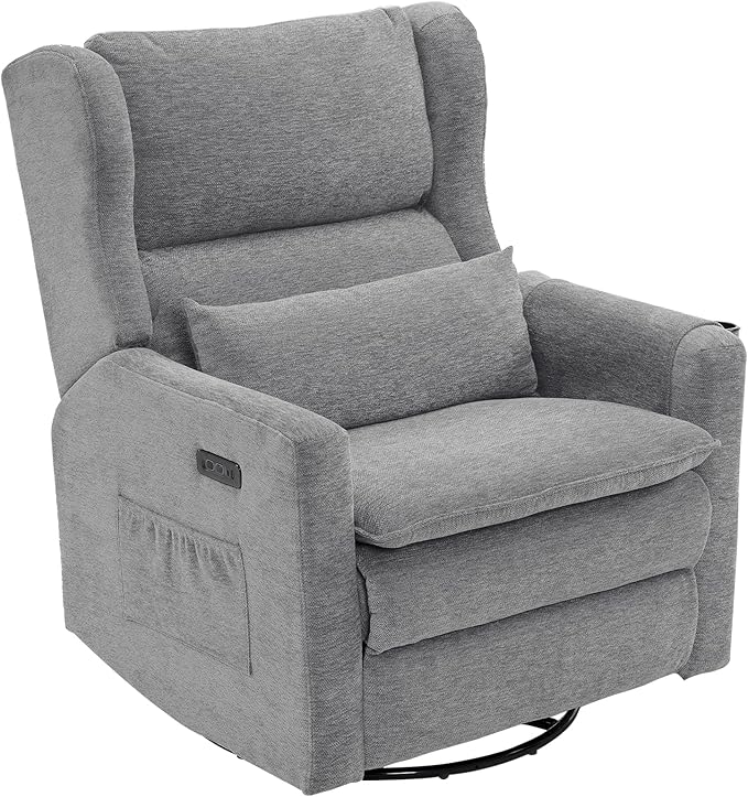 Power Recliner ChairOversized Swivel Rocker Recliner with Adjustable HeadrestNursery Rocking Chair with Lumbar Cushion for Living RoomGrey