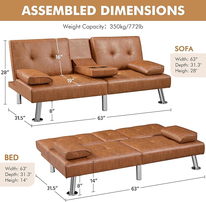Yaheetech Convertible Sofa Bed Adjustable Couch Sleeper Modern Faux Leather Home Recliner Reversible Loveseat Folding Daybed Guest Bed Removable Armrests Cup Holders 3 Angles 772lb Capacity Brown