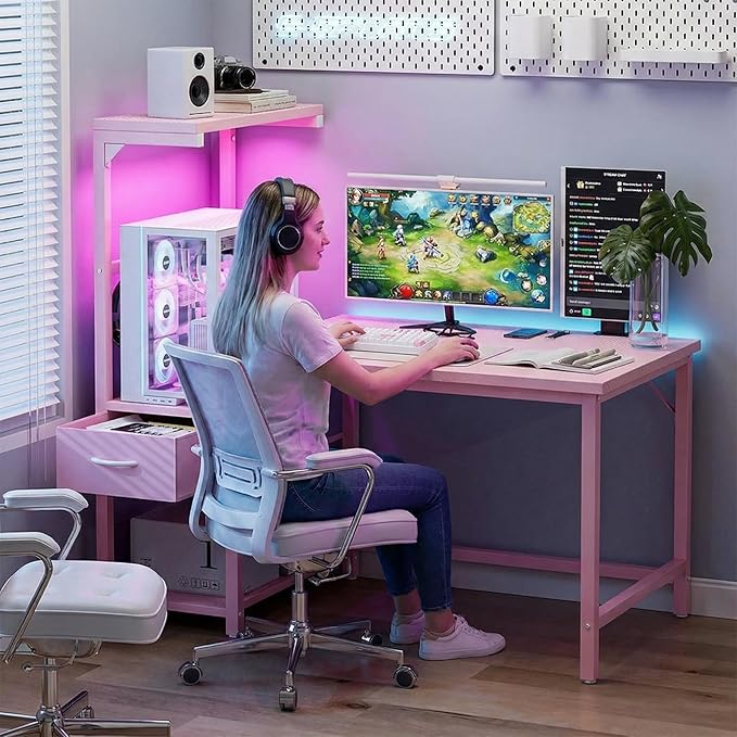 Grandder Gaming Desk 41 Inch with CPU Stand and LED Light Computer Desk with Reversible Shelves and Storage Drawer Pc Small Desk for Home Office Table with Bag Pink