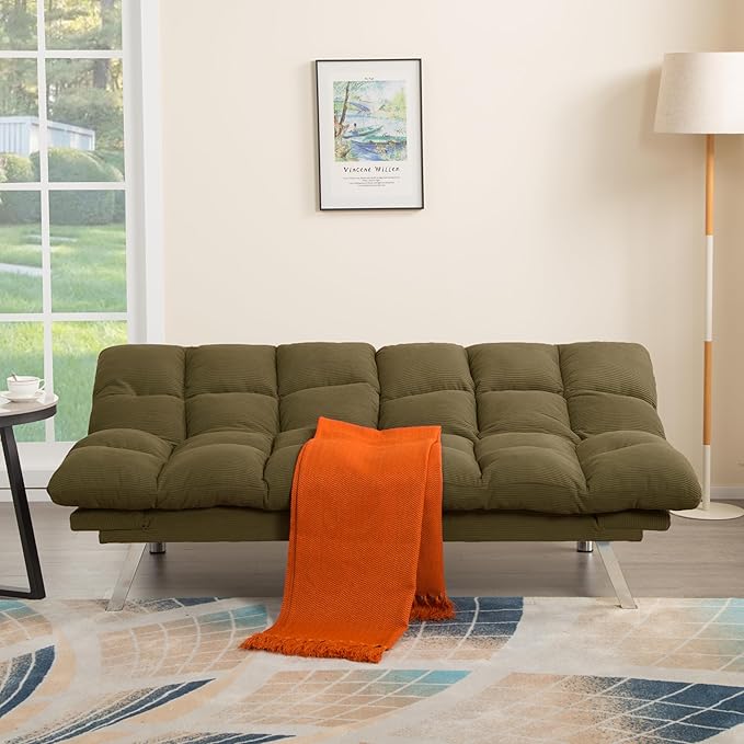 67” Convertible Futon Couch Bed Adjustable Pillow Top Arm Memory Foam Cloud Futons Loveseat Modern Light Gray Corduroy Mini Small Sofa Couches for Living Room