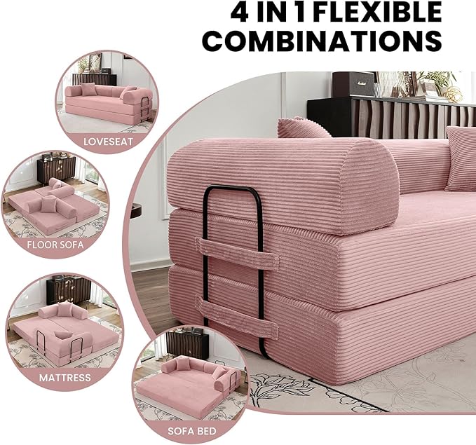 79 Convertible Sofa Bed 5-in-1 Modular Folding Boneless Couch Pull Out Floor Sleeper Cozy Lounger for Living Room or Bedroom Multi-Purpose Foldable Sofa (Pink)