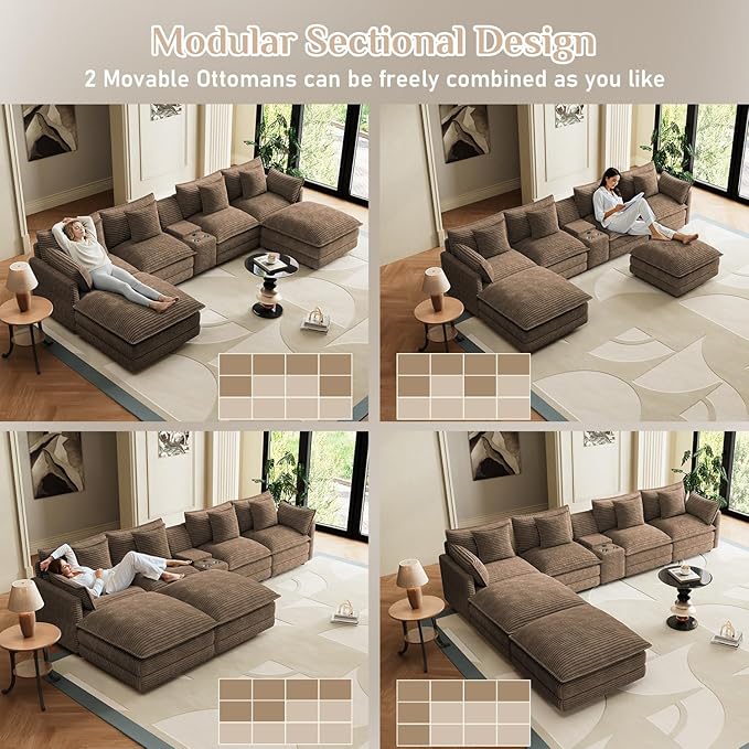 143 Oversized Modular Sectional Sofa U Shaped Cloud Couch Modern 6 Seat Sofa Set for Living Room Comfy Corduroy Deep Seat with Storage Central Console Movable Ottomans Cup Holders USB Ports Brown