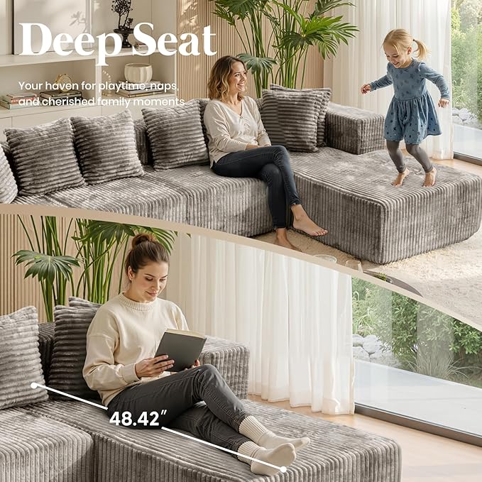 132'' U Shaped Sectional Couches for Living Room Modular Boneless Cloud Sofa with 2 Chaise Lounges 4-in-1 Flexible Combination Layered Foam Cushion Deep Seat Corner Couch No Assembly Light Coffee