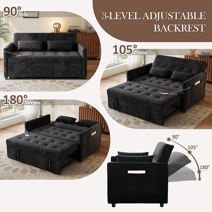 Sofa Bed Loveseat 3-in-1 Sleeper Sofa with Pull Out Bed Pockets and USB Modern 2 Seater Convertible Small Couch for Living Room Bedroom Apartment (Black Corduroy)