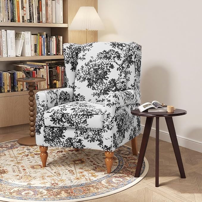 Rovibek High Wingback Chairs with Table - Midcentury Modern Accent Chair for Living Room Upholstered Armchair with Solid Legs Printed Living Room Chairs for Living Room Bedroom Balcony