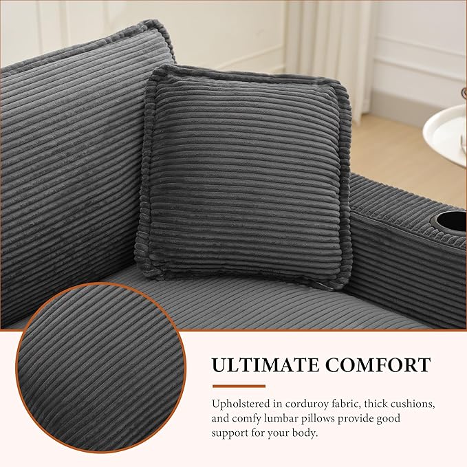 82.7 L Shaped Sectional Sofa with Cup Holders &amp USB Ports Modern Loveseat Cloud Couch with Ottoman for Living Room Apartment Small Spaces Grey Corduroy