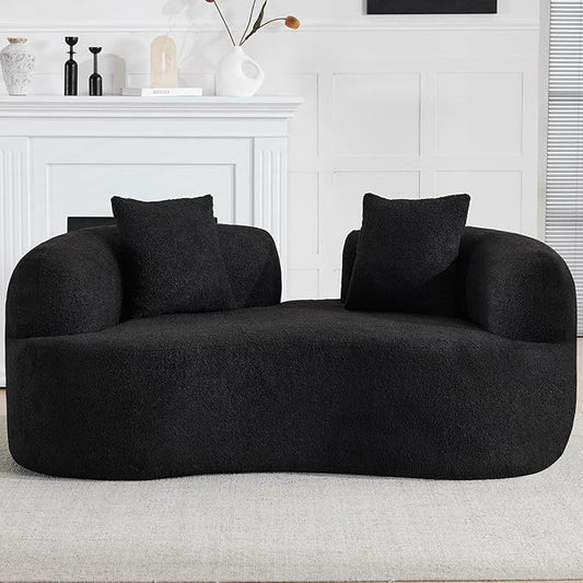 67 Curved Loveseat Sofa with 2 Pillows Boneless Curved Couch with Round Armrest Cloud Sofa for Living Room Bedroom Small Spaces Teddy Modern Compressed No Assembly (Black)