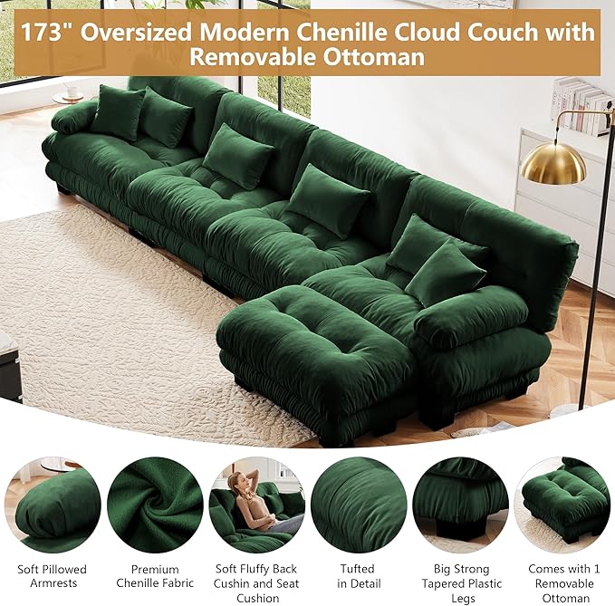 Aoowow Modern Modular Sectional Sofa173.2 Oversized 4 Seater L-Shaped CouchChenille Cloud Couches for Living RoomTufted 4 Seat Lounger Cloud Sofa with Deep Seat