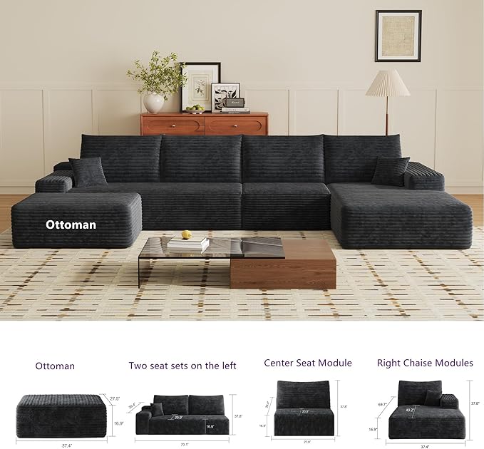 37.4 Plush Corduroy Ottoman Upholstered Cloud Ottoman for Boneless Couch in a Box Modular Sectional Couches for Living Room Compressed Memory Foam No Assembly Require Black