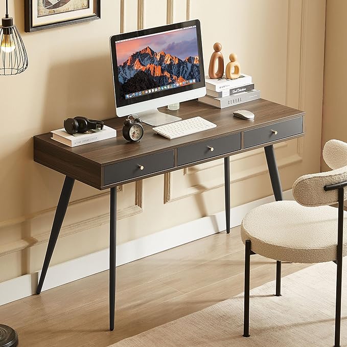 JUSTONE 47 Computer Desk with 3 Storage Drawers - Multi-Functional Home Office Desk &amp Makeup Vanity - Modern Writing Desk with Built-in Organization - Walnut &amp Dark Grey Two-Tone Workstation