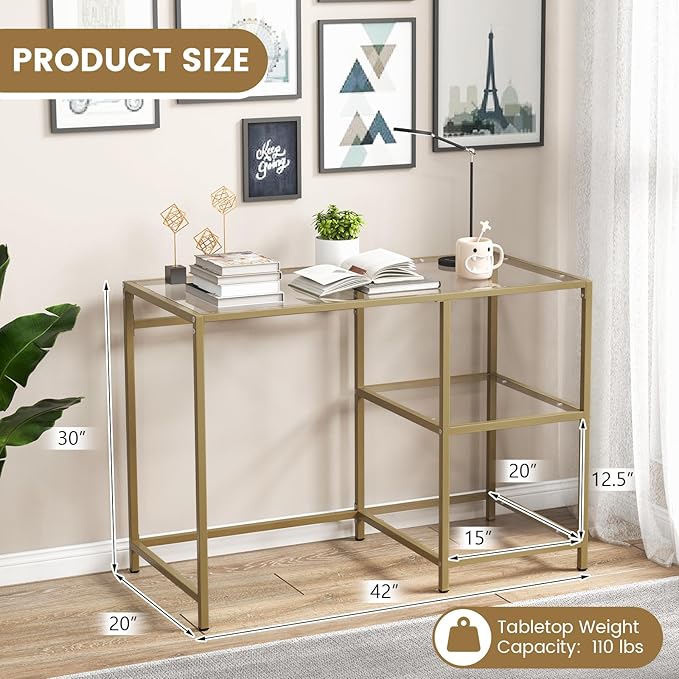 Tangkula Tempered Glass Computer Desk with 2-Tier Storage Shelves Modern Computer Workstation Vanity Makeup Table Sturdy Metal Frame Home Office Desk Student Writing Study Desk (Gold)