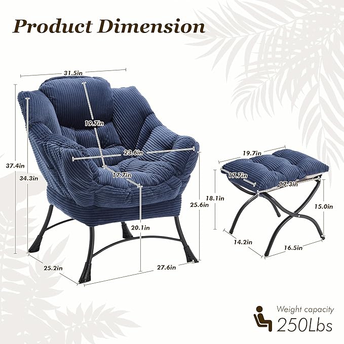 QQU Lazy Chair with Ottoman Corduroy Lounge Armchair Reading Chair with Footrest for Living Room Balcony Study (Navy)