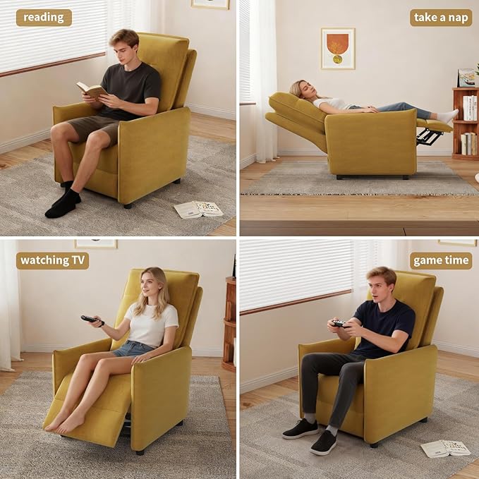 Manual Recliner Chair for Adult Velvet Reclining Chair with Chunky Cushion for Small Space Comfortable Reclining Sofa for Living Room Bedroom Home Theater Easy Assembly (Yellow)