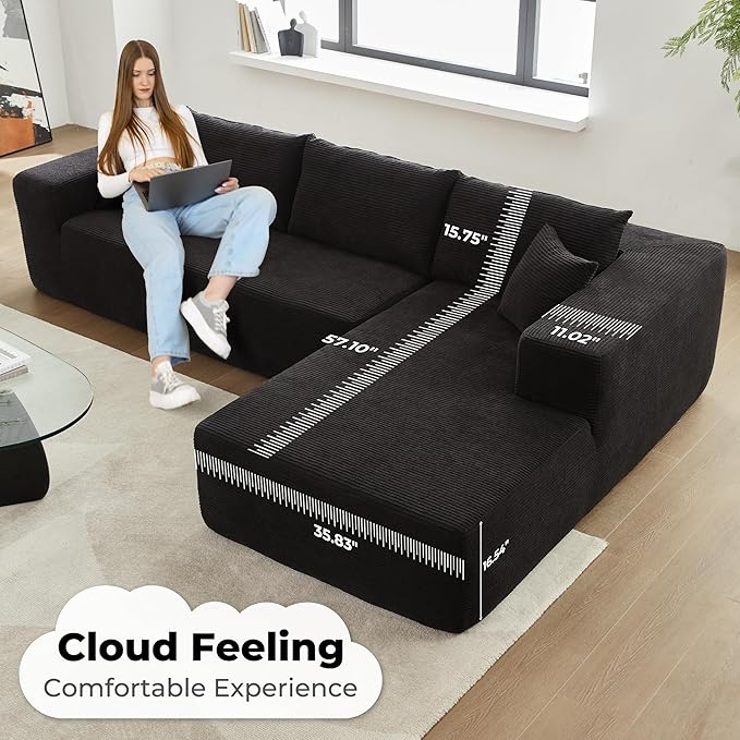 106 Cloud Sectional Couches for Living RoomL Shaped Boneless Couch with Comfy ChaiseModular Sofa with Deep Seat No Assembly RequiredBlack