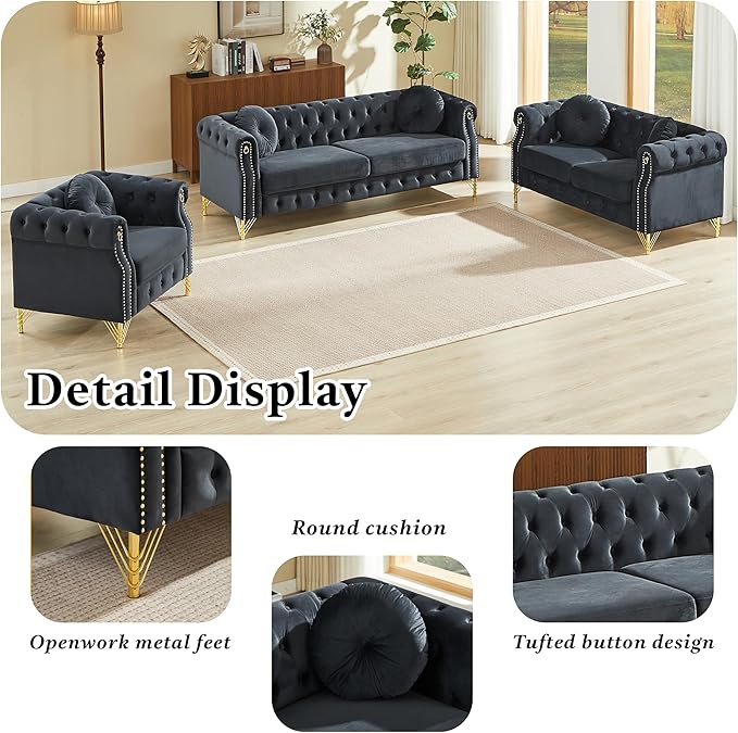 KEIKI 5 Seat Chesterfield Sofa Retro Style Upholstered 3+2 Seats Velvet Couch with Rolled Arm for Living Room Bedroom Office Black