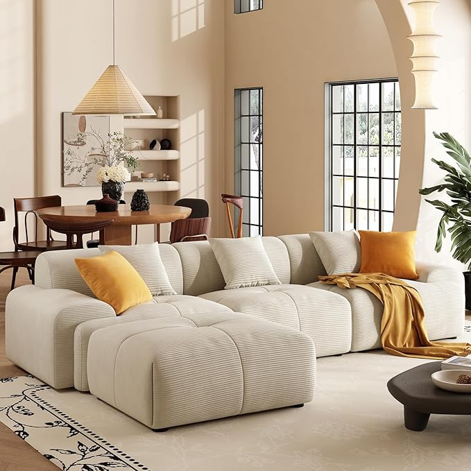 113 Modern L-Shaped Modular Sectional Sofa for Living Room Corduroy Upholstery Beige 3-Seater Cloud Couchand Movable Ottoman – No Assembly Beige