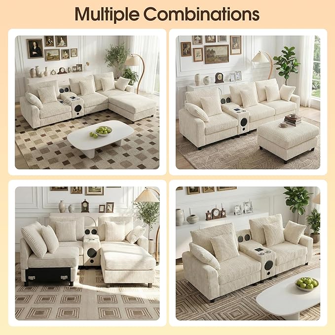 114 Corduroy Sectional Modular Couch with Speakers L Shaped Couches Comfy Deep Sofa with Console USB Charger Cup Holders Storage Ottoman for Living Room (Beige 114in)