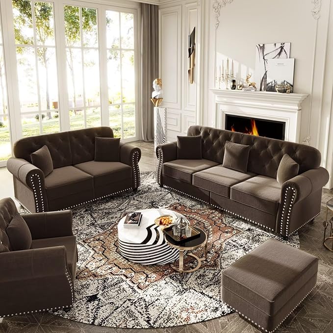 Mid-Century Modern Chesterfield Sofa Set Brown Velvet Tufted 1 Seater 2 Seater Loveseat 3 Seater Sofa with Ottoman Nailhead Trim &amp Rolled Arms Living Room Furniture