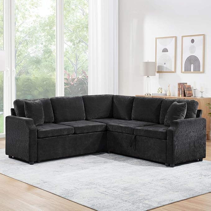 81.9 Sectional Sofa Bed L-Shaped Sectional with a Hidden Storage Compartment Versatile Pull-Out Sofa Bed with Cozy Throw Pillows for Living Room Apartments Offices (Black-04e)