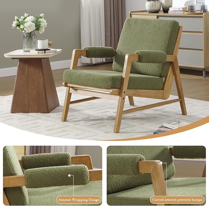 HEAH-YO Modern Accent Chair Set of 2 Upholstered Boucle Fabric Living Room Chair with Wooden Frame Comfy Armchair with Thick Cushion for Bedroom Balcony Green