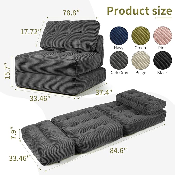 Art3d Folding Sofa Bed Convertible Sleeper Sofa Bed with Pilow &amp Back Support 3 in 1 Long Futon Boneless Couch Comfy Floor Couch for Living Room Bedroom Dark Gray