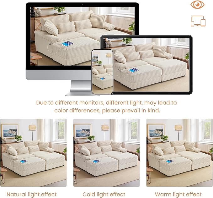 SUNWAVE 74 W Double Chaise Lounge Chair Indoor Oversized Loveseat with Storage Ottoman Corduroy Couch with USB Charging Removable Ottoman and Coffee Table Cushions for Living Room Bedroom