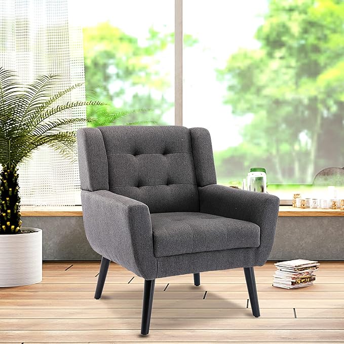 SSLine Linen Accent Arm ChairMid-Century Modern Upholstered Wingback Single Sofa Armchair Club Chair with Solid Wood Legs Thick Cushion for BedroomReadingLiving Room Chair (Dark Grey)