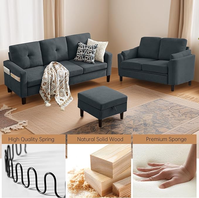 2 Piece Sofa Set 3 Seat Sofa Couch and Loveseat with Ottoman Couches Sets for Living Room/Apartment/Office Dark Grey