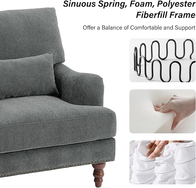 Mid-Century Modern Accent Chair Upholstered Chenille Arm Chair with Wood Frame &amp Pillow for Living Room Bedroom Comfy High-Resilient Sponge Reading Lounge Sofa Chair for Small Spaces
