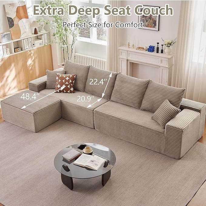 140 L Shaped Cloud Sectional Couch for Living Room Modular Floor Deep-Seat Sofa Big Comfy Corduroy Couches Set with Fluffy Memory Foam for Living Room Bedroom No Assembly Required Camel