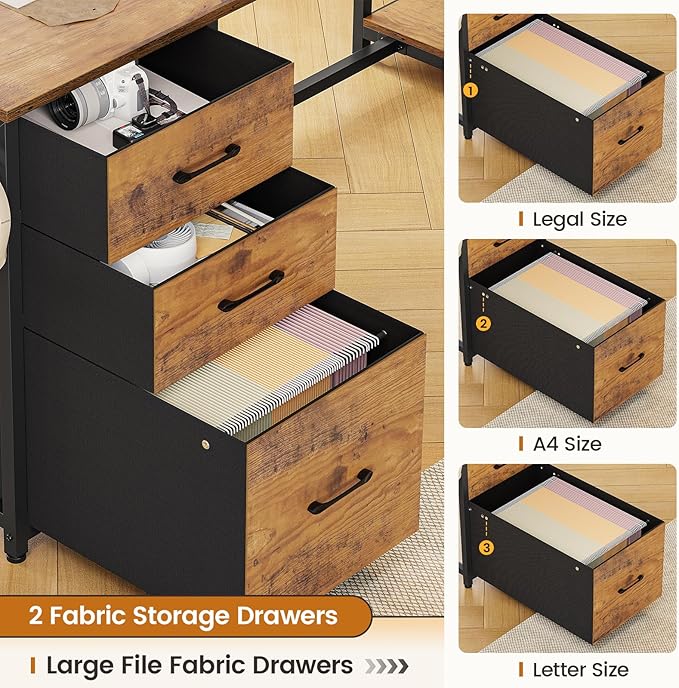 SEDETA L Shaped Computer Desk 58'' Office Desk with 3 Drawers and Bookshelf L Shaped Corner Desk with Storage Shelves and LED Light for Home Office Gaming Desk L Desk Rustic Brown