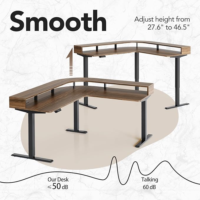HUANUO Electric L Shaped Stadning Desk with LED Strip &amp Power Outrlets 63 x 55 2-Tier Height Adjustable Sit Stand up Desk with Power Strip Holder Ergonomic Corner Computer Table Walnut