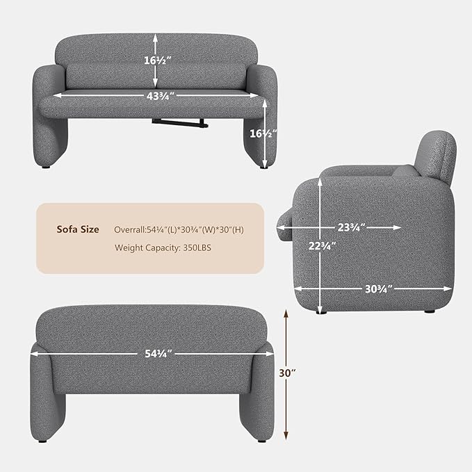 Furnimart Modern Loveseat Sofa 54 2-Seater Boucle Sofa Comfy Upholstered Minimalist Couch Small Couches for Small Spaces Apartment Office Living Room Bedroom Dorm Chenille Grey