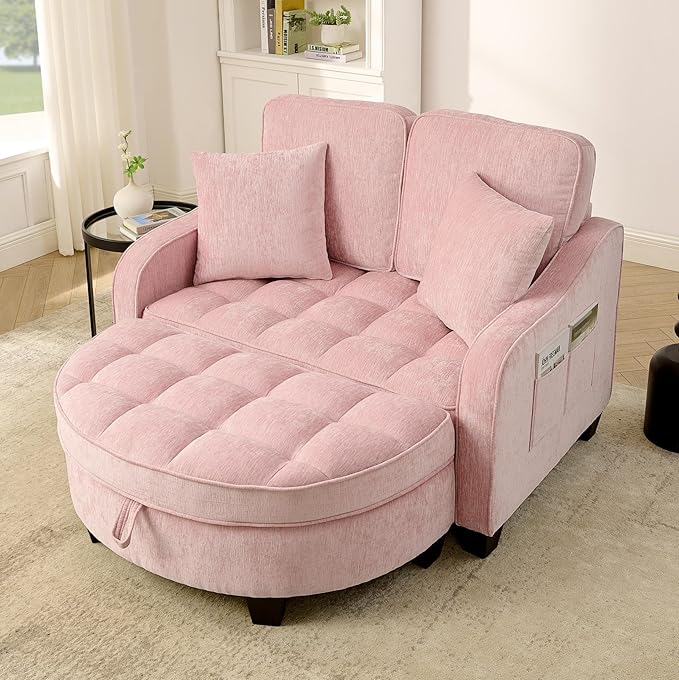 DEINPPA Oversized Accent Sofa Chair with Storage Ottoman Chenille Upholstered Comfy Chair with Throw Pillows for Living Room Reading Room Bedroom-Pink