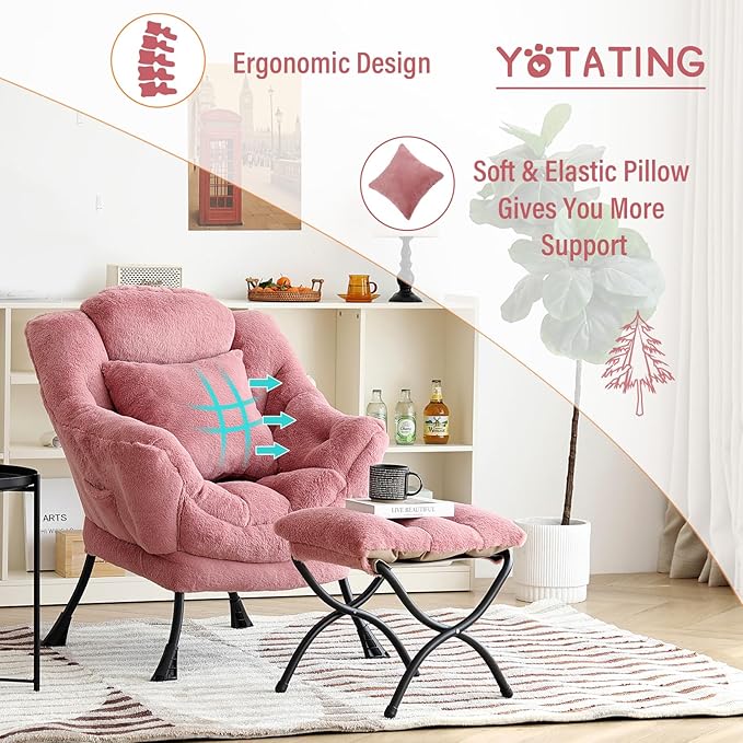 Lazy Chair with Ottoman Comfy Reading Lounge Chair with Footstool &amp Throw Pillow Modern with Armrests &amp Side Pocket for Living Room Bedroom Dorm Room Plush Dark Pink