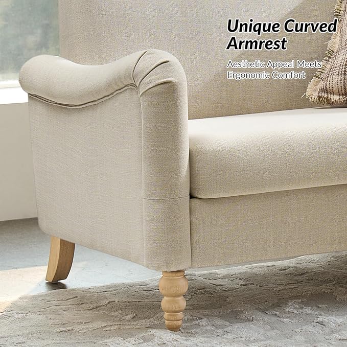 HULALA HOME 50.5 Loveseat Sofa with Solid Wood Spindle Legs 2 Seater Farmhouse Sofa with Rolled Wide Armrests Comfy Upholstered Small Couch for Living Room Bedroom Linen