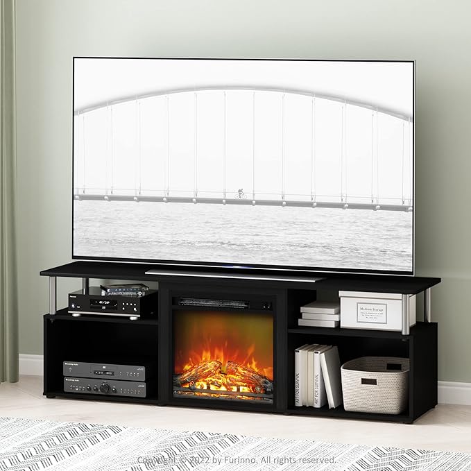 Furinno Jensen Open Storage Fireplace Entertainment Center for TV up to 70 Inch with Stainless Steel Tubes Americano/Chrome