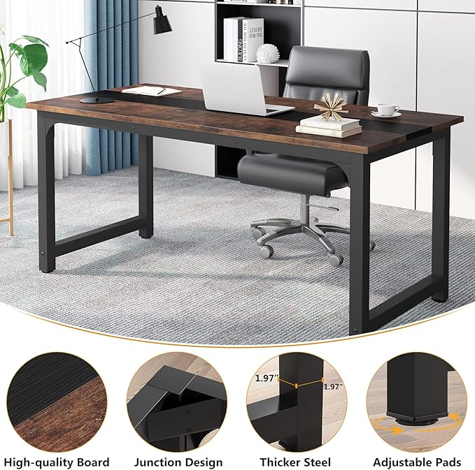Tribesigns 70.8”Executive Desk Large Office Computer Desk with Thicken Frame Modern Simple Workstation Business Furniture for Home Office Vintage Brown/Black
