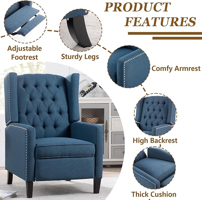 Wingback Recliner Chairs with Foldable Side Table&ampUSB Charging PortsMid Century Accent Single Sofa Small Recliner ChairModern Comfy Pushback Reclining Chair for Living Room (Polyester Blue)