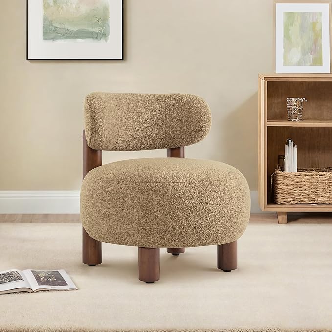 Modern Boucle Accent Chair Set of 2 with Plush Faux Sherpa Upholstery Curved Backrest Solid Wood Legs for Living Room Bedroom Reading Nook 27.5 Camel