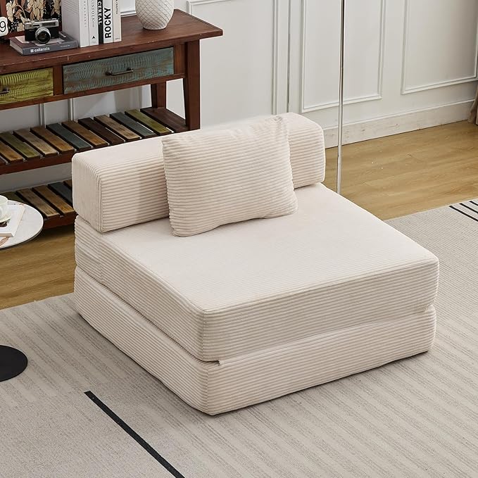 Folding Sofa Bed Convertible Sleeper Chair with Pillow Single Sofa with Back Support Portable Fold Out Chair Cloud Couch Bed Comfy Floor Sofa Lounge for Living Room Bedroom White