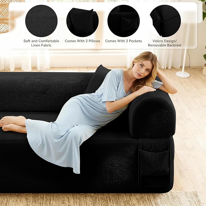 3 Seater Sofa Couch for Living Room (Black 30 D + 2 Pillows)
