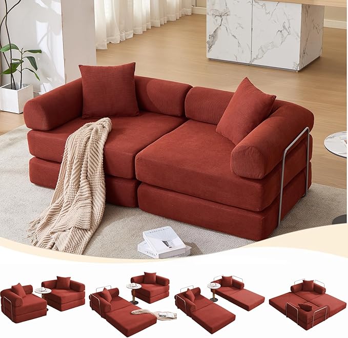 73 Convertible Modular Folding Sofa Bed 5-in-1 DIY Combination Fold Out Sleeper Sofa Bed Loveseat sleeper Couch with Removable Armrests Corduroy Floor Couch Small couches for small spaces Red