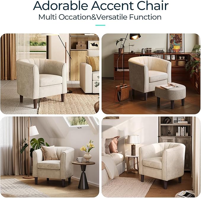 LINSY Small Accent Chair with Ottoman Modern Barrel Chair Comfy Armchair Reading Chair with Footrest Small Round Arms Chair for Living Room Bedroom Reading Room Velvet Beige