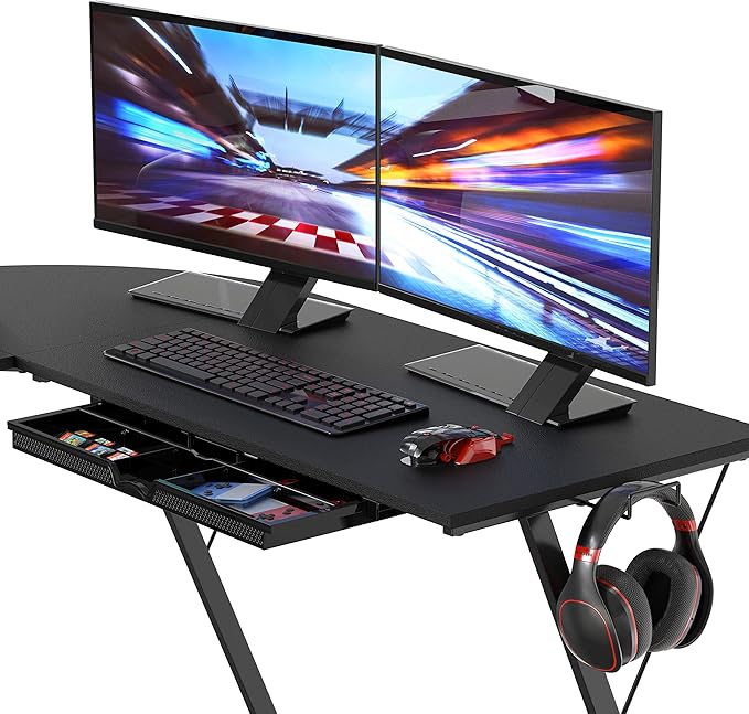 SHW 51 x 51 Inches Vista L-Shaped Desk with Monitor Stand and Drawer Black