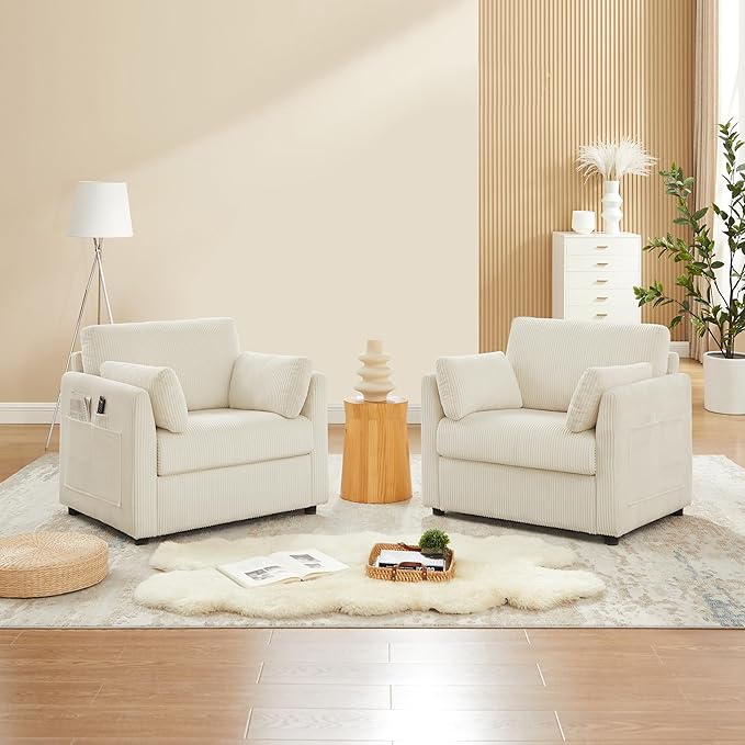 Modern Corduroy Accent Chairs 38 W Comfy Armchair with Soft Pillows and Side Pockets Single Reading Chairs for Living Room Bedroom Apartment Beige