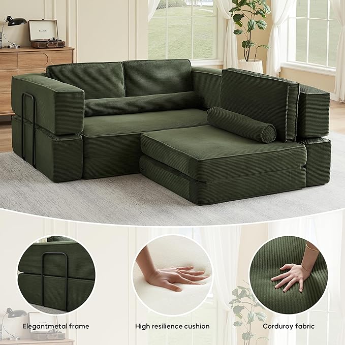 119 Modular Sofa Bed with High Backrest Pillows Corduroy Folding Convertible Floor Sofa Couch Bed with Fixed-Shape Frame Building Block Sofa for Parent-Child Castle Living Room Green